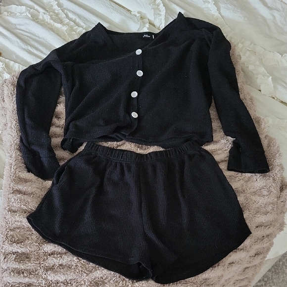 Other - Comfy Cozy Black Knit Button Up Top & Short Lounge Set